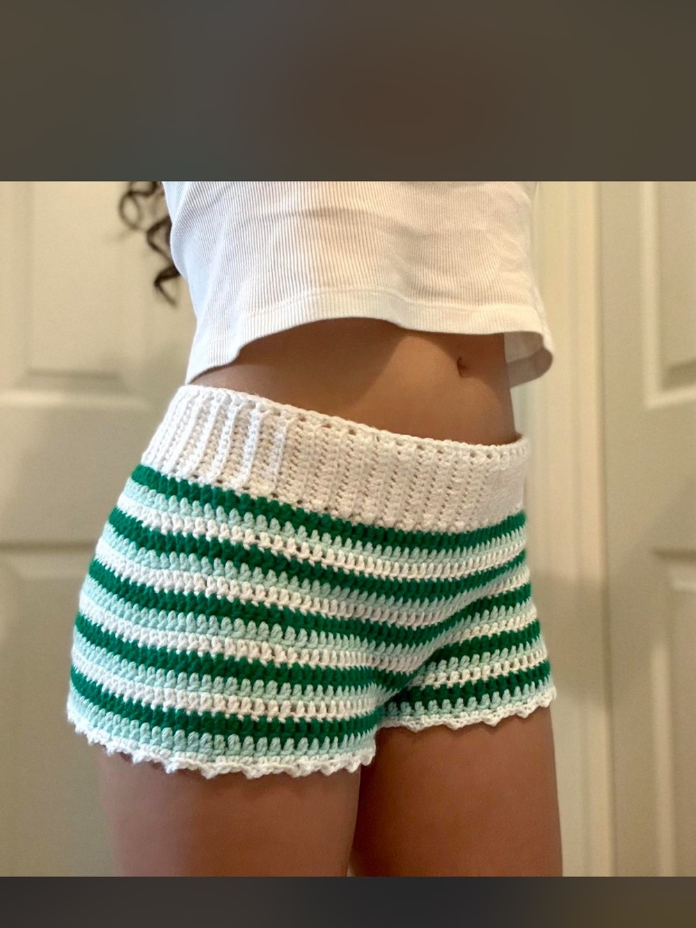 Handmade crochet striped shorts in White & Green